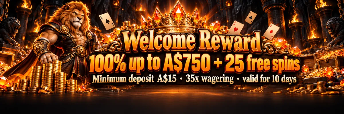A fierce lion mascot guards a glowing crown and treasure hoard in an orange-lit cavern, with space for a welcome casino offer and CTA.